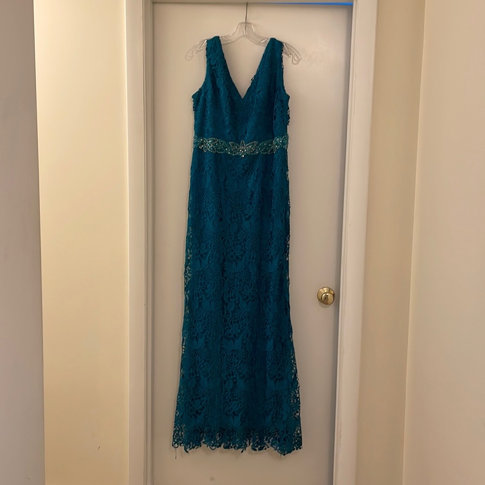 Teal mother of the bride full length dress with removable sleeves